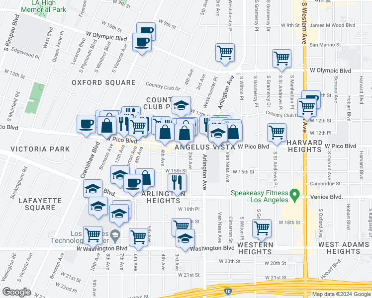 map of restaurants, bars, coffee shops, grocery stores, and more near 3528 West Pico Boulevard in Los Angeles