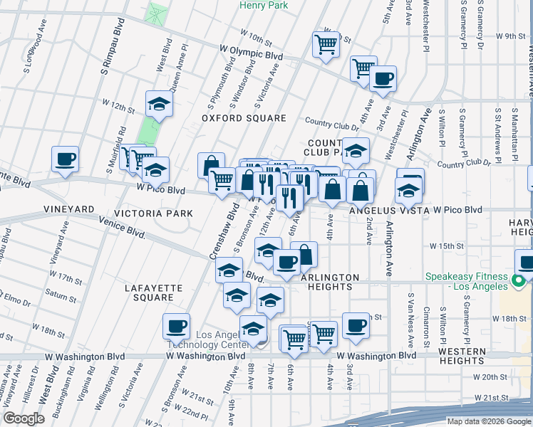 map of restaurants, bars, coffee shops, grocery stores, and more near 1316 12th Avenue in Los Angeles