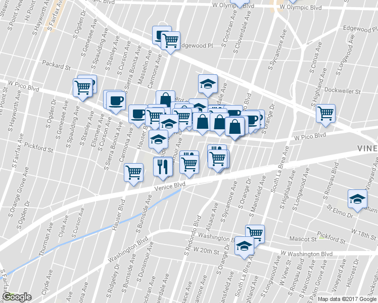 map of restaurants, bars, coffee shops, grocery stores, and more near 1442 South Cochran Avenue in Los Angeles
