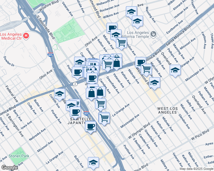 map of restaurants, bars, coffee shops, grocery stores, and more near 1741 Camden Avenue in Los Angeles