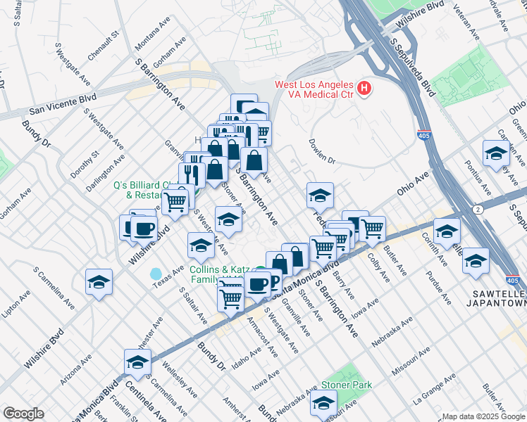 map of restaurants, bars, coffee shops, grocery stores, and more near 11701 Texas Avenue in Los Angeles