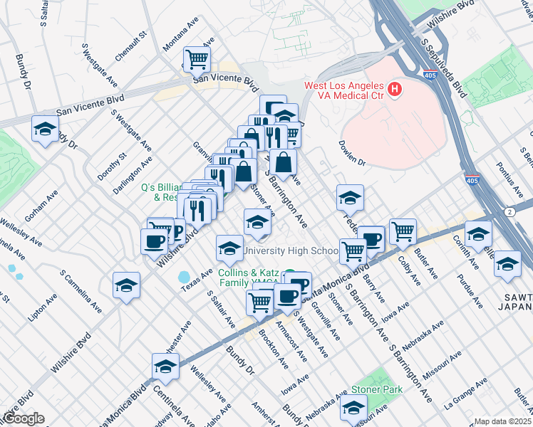 map of restaurants, bars, coffee shops, grocery stores, and more near 1252 Granville Avenue in Los Angeles