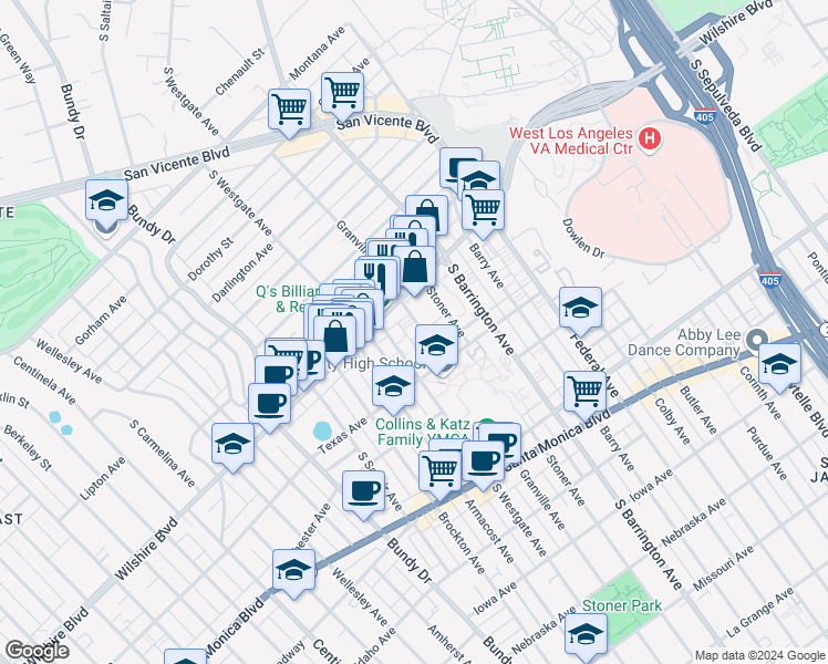 map of restaurants, bars, coffee shops, grocery stores, and more near 1222 South Westgate Avenue in Los Angeles