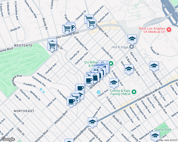 map of restaurants, bars, coffee shops, grocery stores, and more near 11964 Kiowa Avenue in Los Angeles