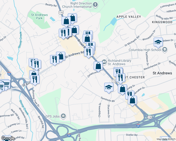map of restaurants, bars, coffee shops, grocery stores, and more near 1073 Zimalcrest Drive in Columbia