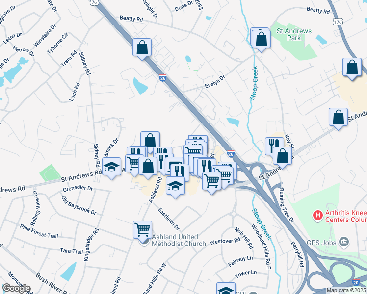 map of restaurants, bars, coffee shops, grocery stores, and more near 54 Kilbrannon Drive in Columbia