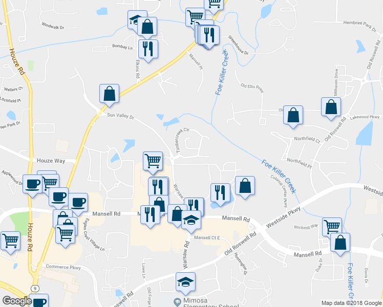 map of restaurants, bars, coffee shops, grocery stores, and more near 2503 Timbercreek Circle in Roswell