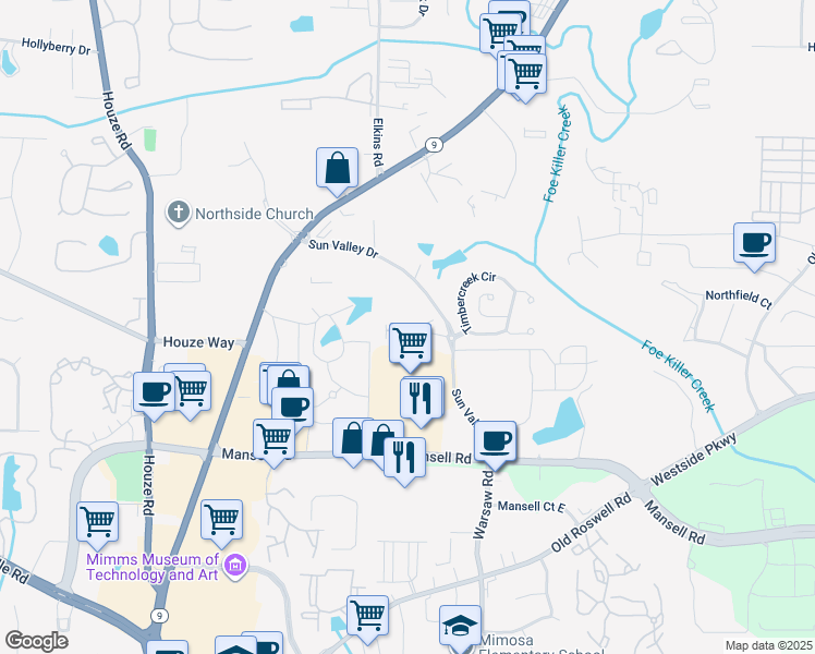 map of restaurants, bars, coffee shops, grocery stores, and more near 170 Finchley Drive in Roswell