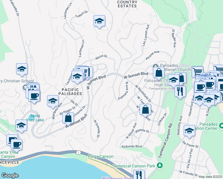 map of restaurants, bars, coffee shops, grocery stores, and more near 645 Bienveneda Avenue in Los Angeles
