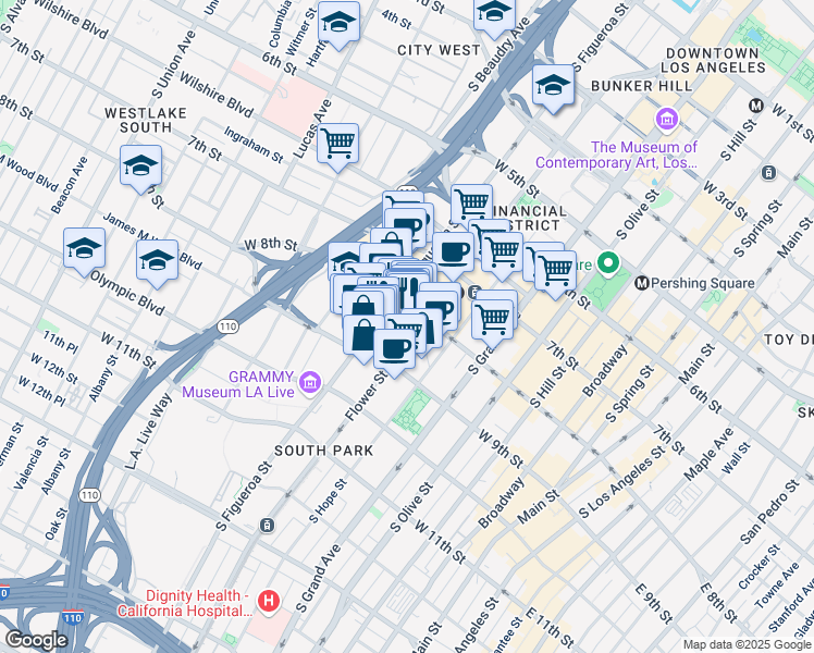 map of restaurants, bars, coffee shops, grocery stores, and more near 844 South Figueroa Street in Los Angeles