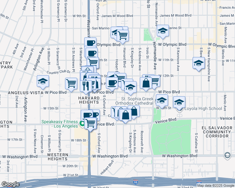 map of restaurants, bars, coffee shops, grocery stores, and more near 2960 West Pico Boulevard in Los Angeles