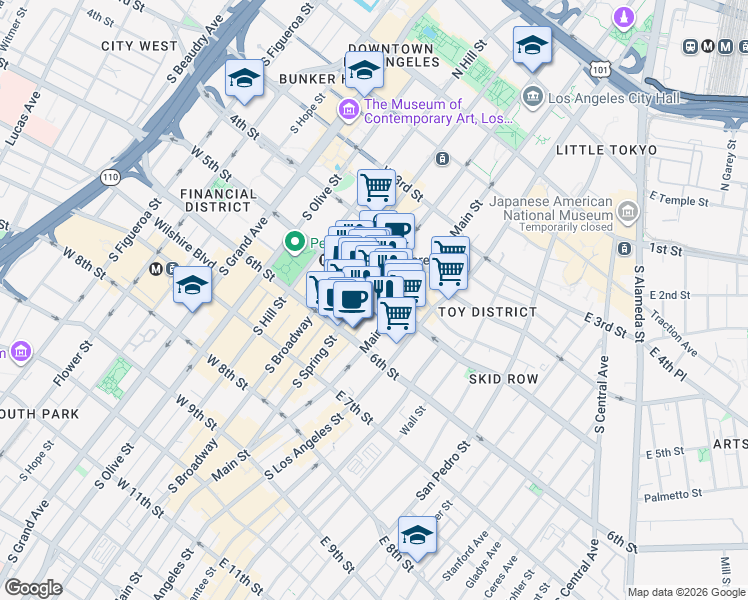 map of restaurants, bars, coffee shops, grocery stores, and more near 510 South Spring Street in Los Angeles