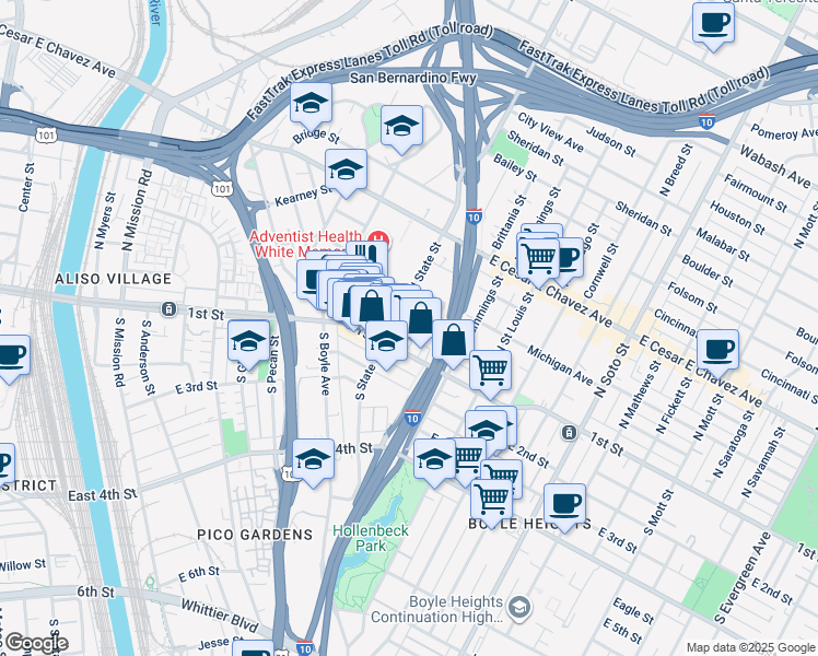 map of restaurants, bars, coffee shops, grocery stores, and more near 1914 Pennsylvania Avenue in Los Angeles