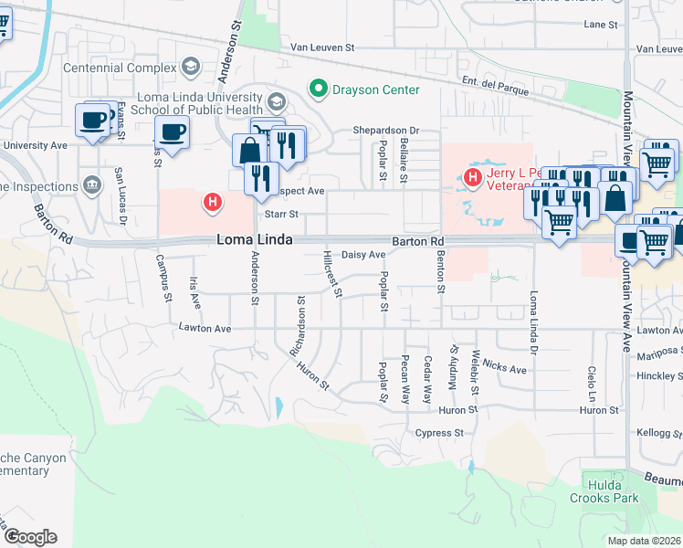 map of restaurants, bars, coffee shops, grocery stores, and more near 25070 Tulip Avenue in Loma Linda
