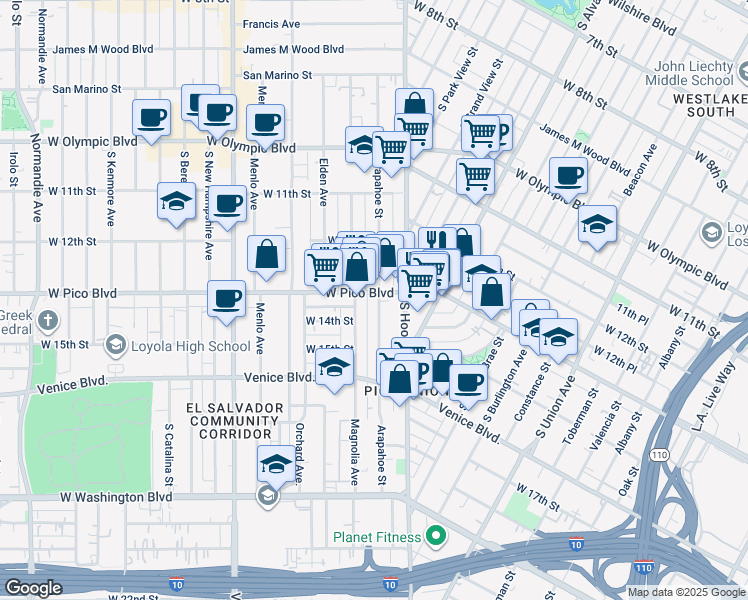 map of restaurants, bars, coffee shops, grocery stores, and more near 2250 West Pico Boulevard in Los Angeles