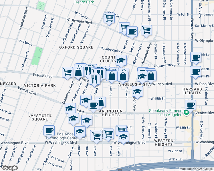 map of restaurants, bars, coffee shops, grocery stores, and more near 3714 West Pico Boulevard in Los Angeles