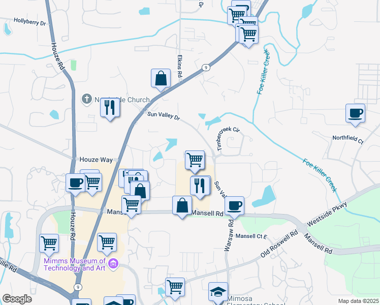 map of restaurants, bars, coffee shops, grocery stores, and more near 220 Finchley Drive in Roswell
