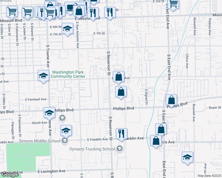 map of restaurants, bars, coffee shops, grocery stores, and more near 1362 South Reservoir Street in Pomona