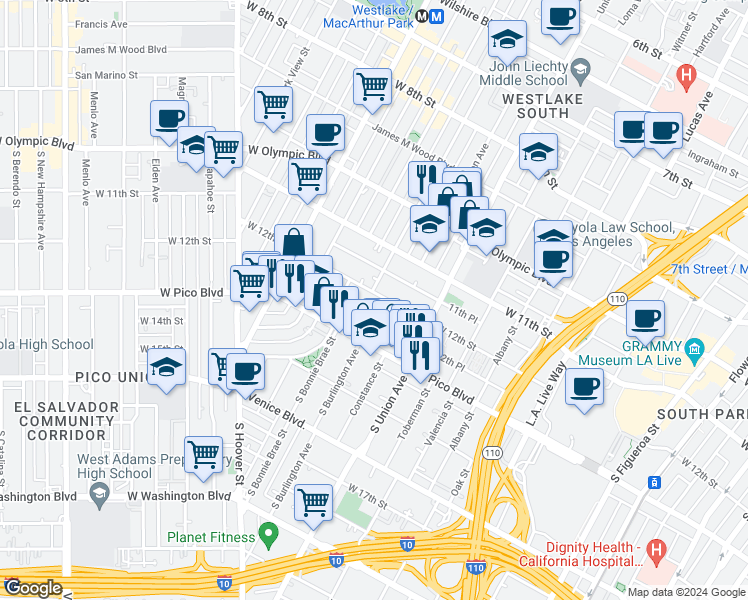 map of restaurants, bars, coffee shops, grocery stores, and more near 1674 West 12th Street in Los Angeles