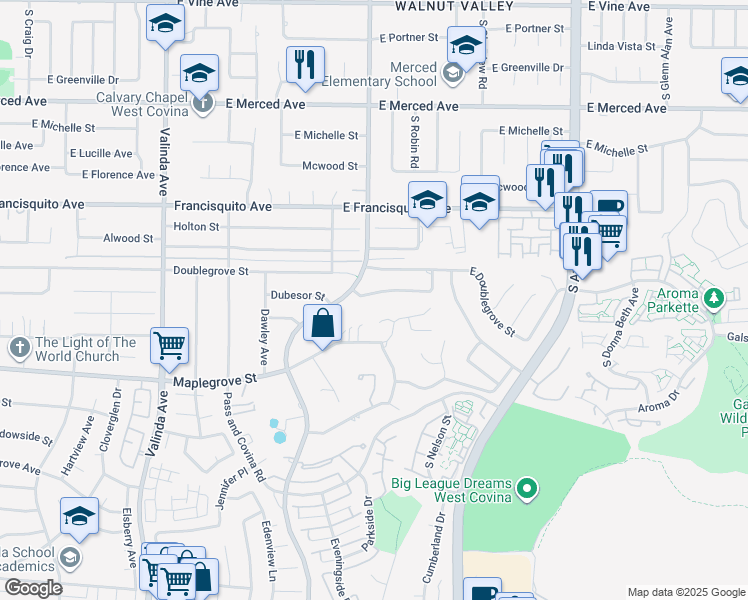 map of restaurants, bars, coffee shops, grocery stores, and more near 17028 Dubesor Street in La Puente
