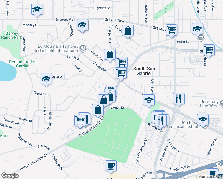 map of restaurants, bars, coffee shops, grocery stores, and more near 1433 Potrero Grande Drive in Rosemead