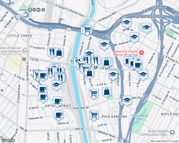 map of restaurants, bars, coffee shops, grocery stores, and more near 119 South Anderson Street in Los Angeles