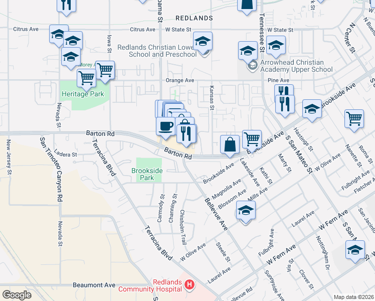 map of restaurants, bars, coffee shops, grocery stores, and more near 1502 Barton Road in Redlands