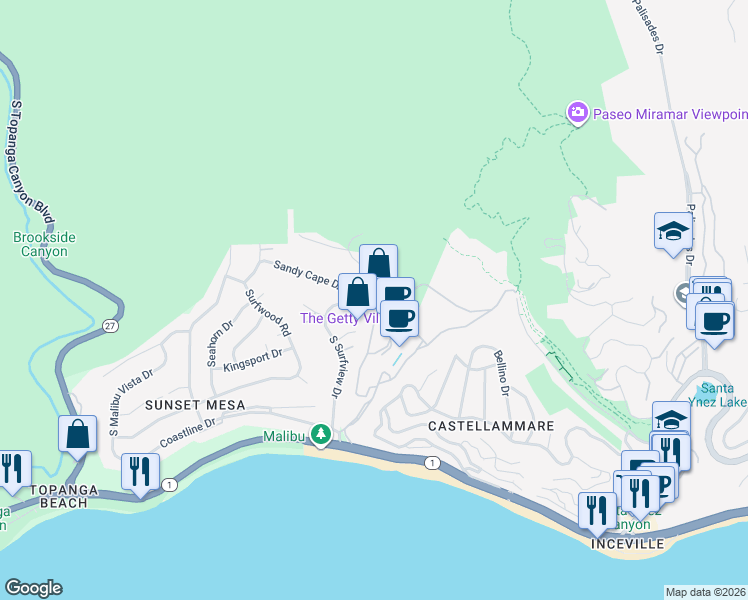 map of restaurants, bars, coffee shops, grocery stores, and more near 376 South Surfview Drive in Los Angeles
