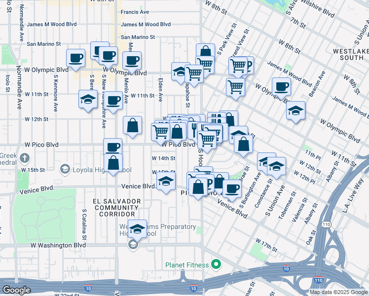 map of restaurants, bars, coffee shops, grocery stores, and more near 2250 West Pico Boulevard in Los Angeles