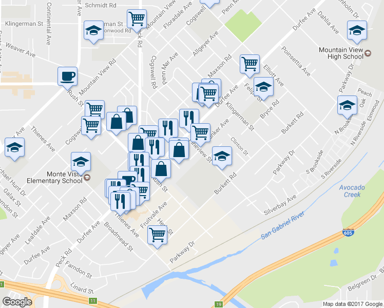 map of restaurants, bars, coffee shops, grocery stores, and more near 2145 Bunker Avenue in El Monte
