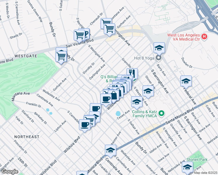 map of restaurants, bars, coffee shops, grocery stores, and more near 11964 Kiowa Avenue in Los Angeles