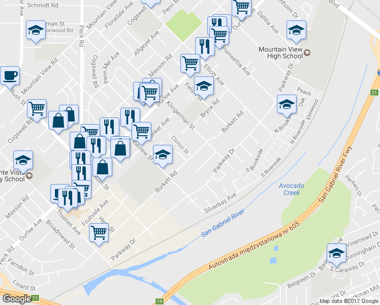 map of restaurants, bars, coffee shops, grocery stores, and more near 12451 Clinton Street in El Monte