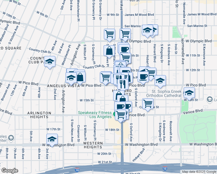 map of restaurants, bars, coffee shops, grocery stores, and more near 3164 West Pico Boulevard in Los Angeles