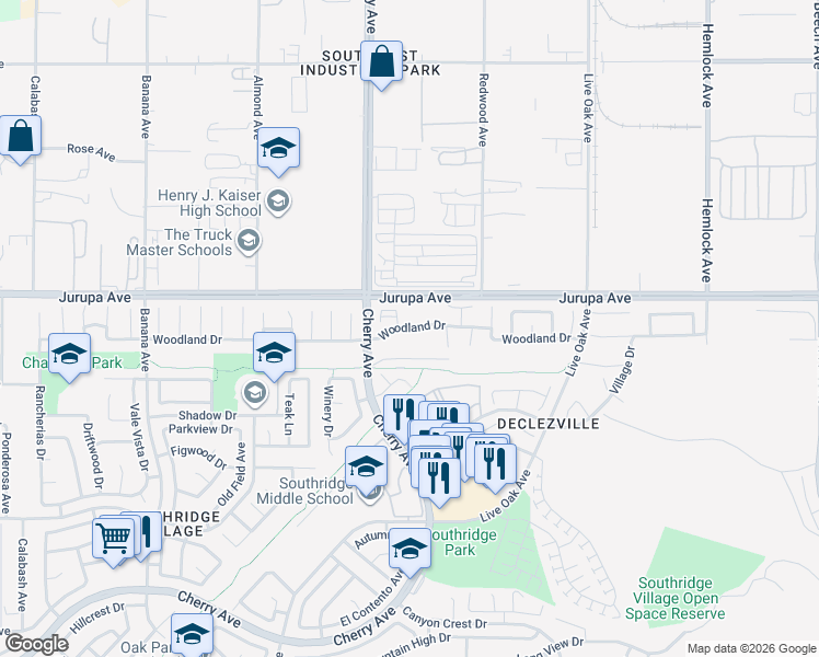 map of restaurants, bars, coffee shops, grocery stores, and more near in Fontana