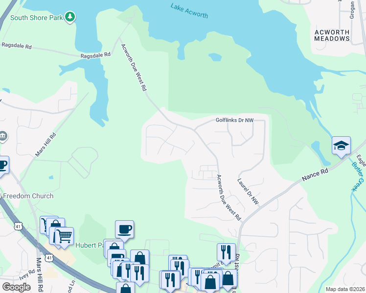 map of restaurants, bars, coffee shops, grocery stores, and more near 4419 Singletree Way in Acworth