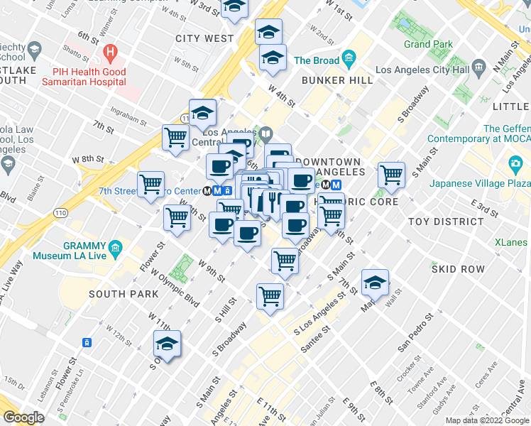 map of restaurants, bars, coffee shops, grocery stores, and more near 659 South Olive Street in Los Angeles