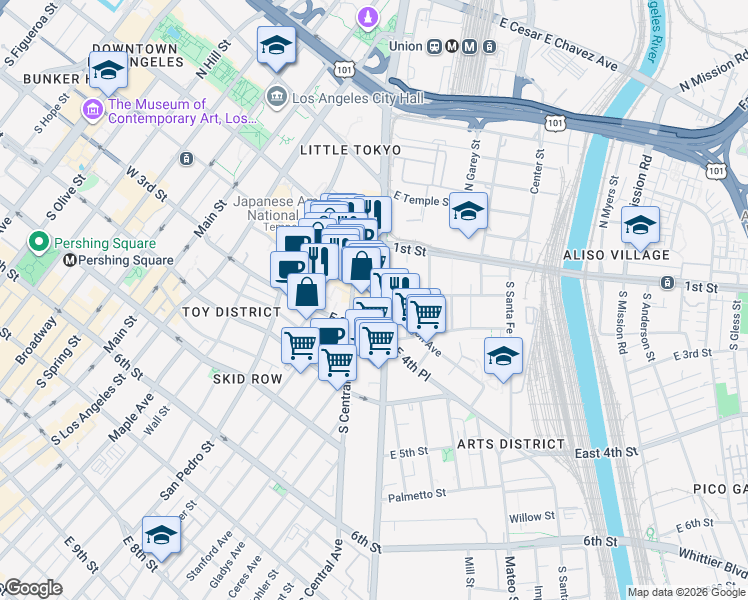 map of restaurants, bars, coffee shops, grocery stores, and more near 456 East 2nd Street in Los Angeles