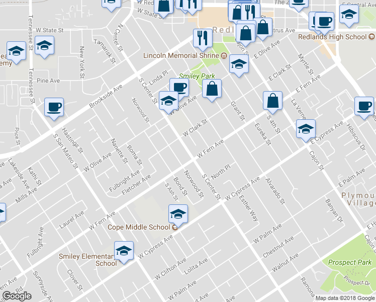 map of restaurants, bars, coffee shops, grocery stores, and more near 333 South Center Street in Redlands