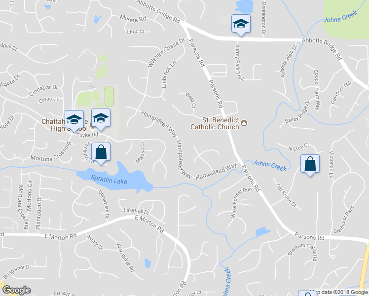 map of restaurants, bars, coffee shops, grocery stores, and more near 5410 Hampstead Way in Duluth