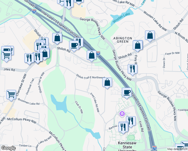 map of restaurants, bars, coffee shops, grocery stores, and more near 1326 Shiloh Trail East Northwest in Kennesaw