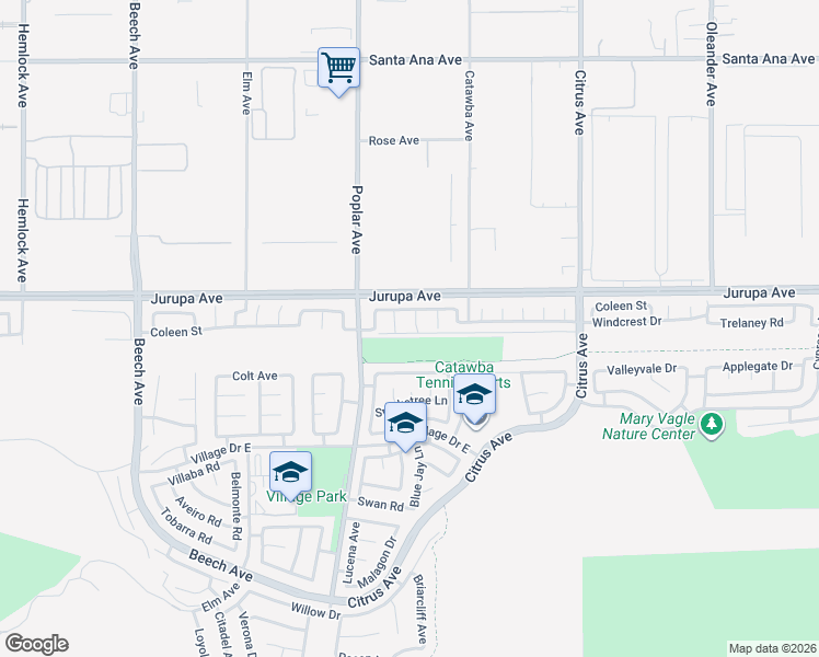 map of restaurants, bars, coffee shops, grocery stores, and more near 11362 Tondela Street in Fontana