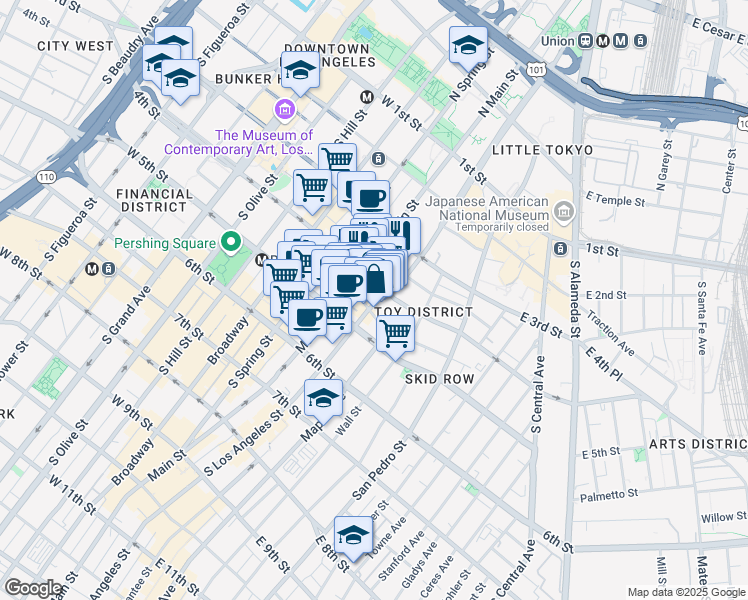 map of restaurants, bars, coffee shops, grocery stores, and more near 419A South Los Angeles Street in Los Angeles