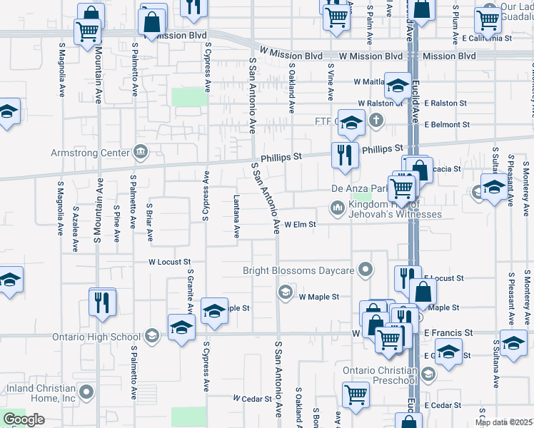 map of restaurants, bars, coffee shops, grocery stores, and more near 617 West Sonoma Court in Ontario