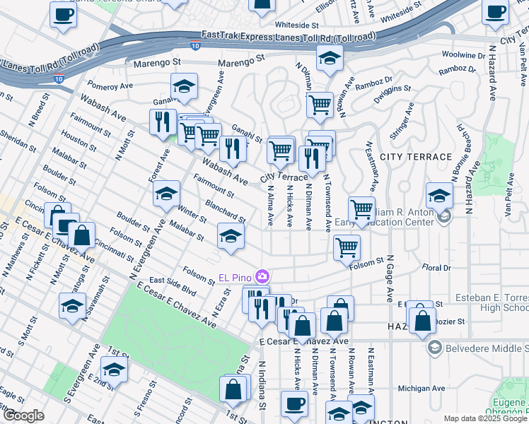 map of restaurants, bars, coffee shops, grocery stores, and more near 3208 Fairmount Street in Los Angeles
