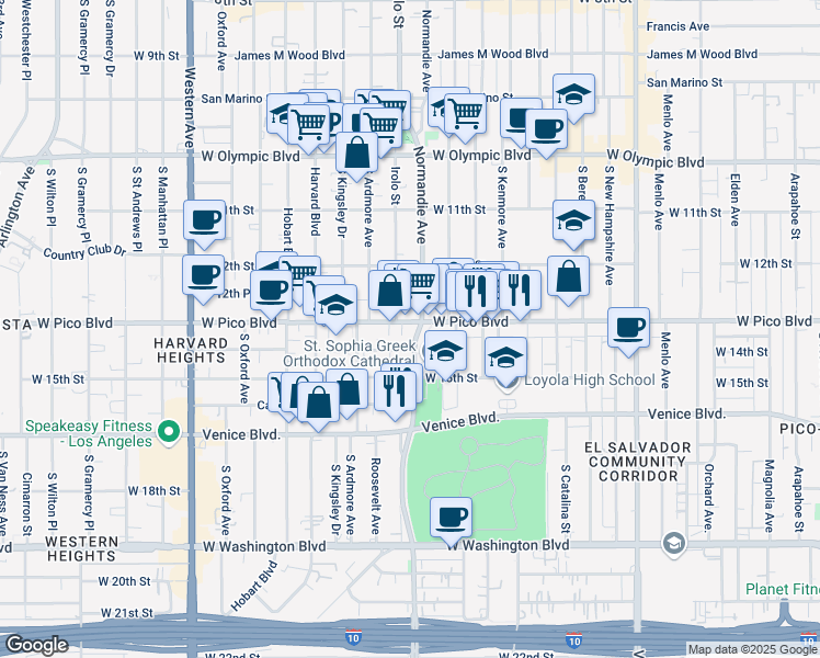 map of restaurants, bars, coffee shops, grocery stores, and more near 2800 West Pico Boulevard in Los Angeles