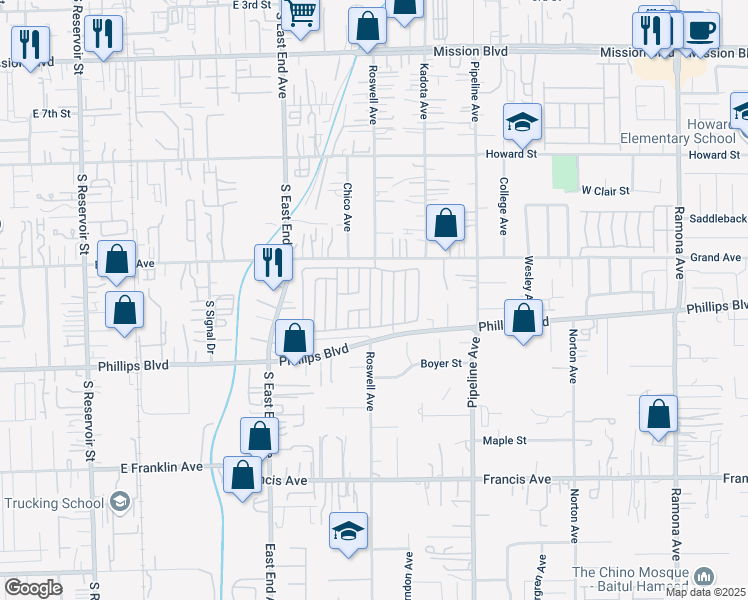 map of restaurants, bars, coffee shops, grocery stores, and more near 11417 Dartmouth Lane in Pomona