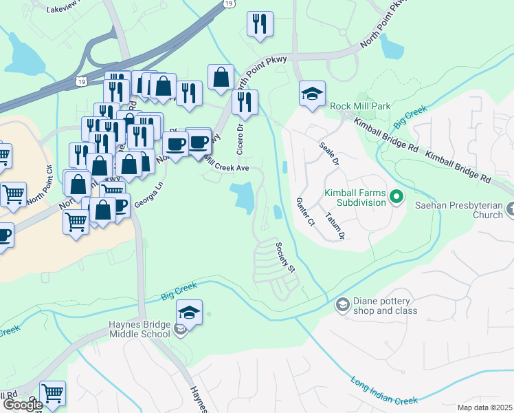map of restaurants, bars, coffee shops, grocery stores, and more near 42115 Mill Creek Avenue in Alpharetta