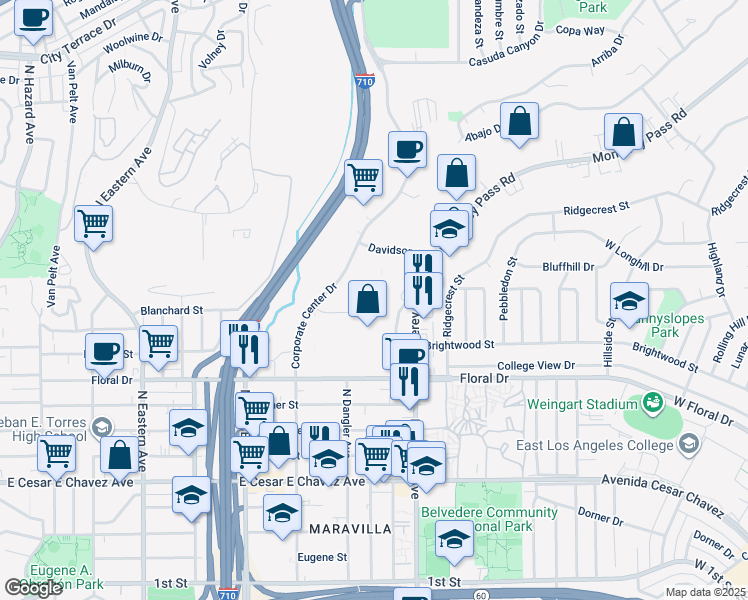 map of restaurants, bars, coffee shops, grocery stores, and more near 2525 Corporate Place in Monterey Park