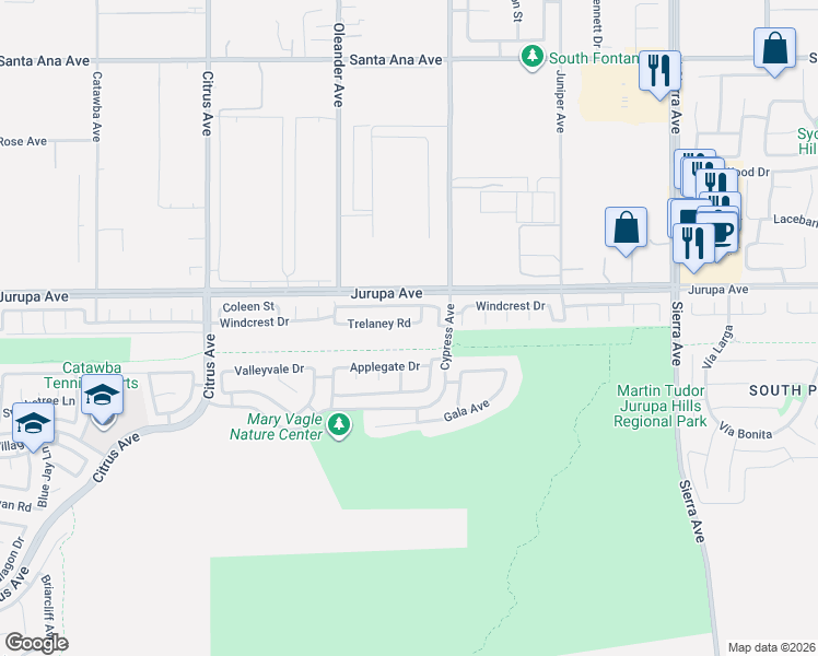 map of restaurants, bars, coffee shops, grocery stores, and more near 16445 Trelaney Road in Fontana