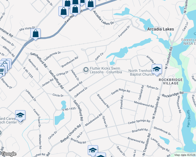 map of restaurants, bars, coffee shops, grocery stores, and more near 4643 Oakwood Drive in Columbia